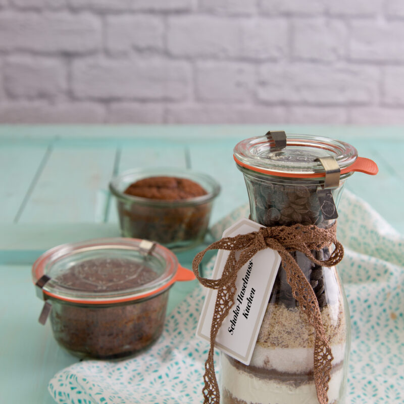 Schoko-Haselnuss-Kuchen 1 WECK-Saftflasche á 530 ml mit Einkochring, Glasdeckel & Einweck-Klammern